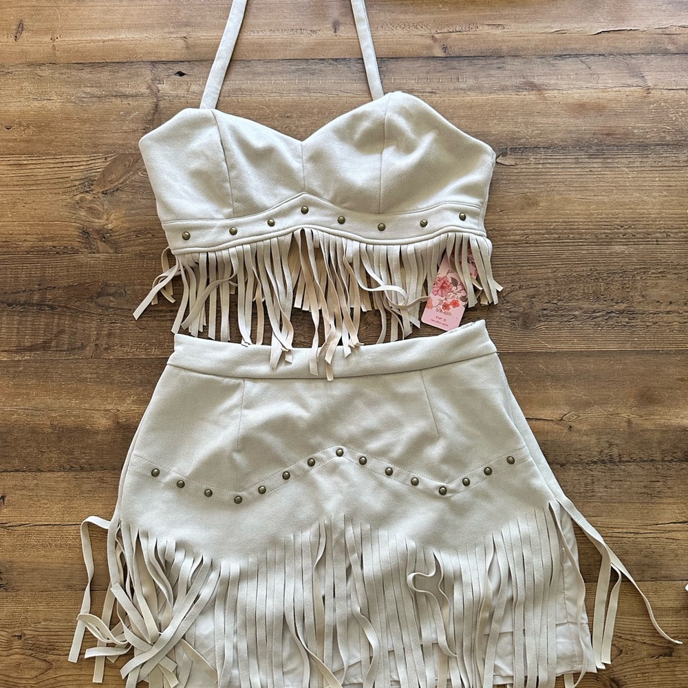 White Fringe Halter Top and Skirt Set